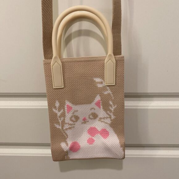 Knitted Mini Open Cross Body Bag/Phone Bag. Cat Design. Tan Multi. - Picture 3 of 8